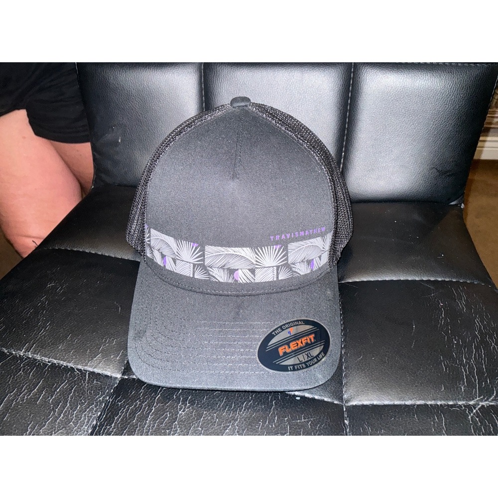 TravisMathew Secret Surf Trucker Hat Black Palm Print Flexfit Cap L/XL